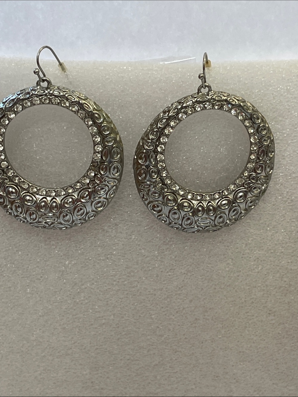 Silver Tone Hoop Drop Earrings with Crystal Accents